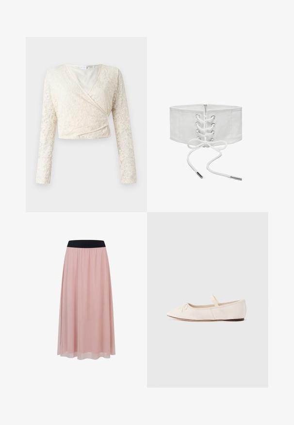 Haut en dentelle crémeux avec des manches longues, décolleté en V et motif floral. Doublure intérieure lisse, le design court met en valeur la texture de la dentelle.; Jupe rose longueur cheville avec une couche extérieure transparente et une large ceinture élastique noire.; Ballerines en daim beige clair, bout pointu et fine bride élastique sur le dessus. Semelle plate avec un léger accent en caoutchouc.; Large ceinture corset blanche avec laçage devant, œillets métalliques et fermeture éclair, présentée sur un fond blanc uni.