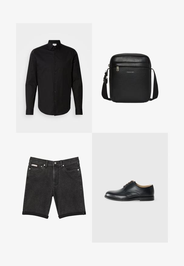 Chemise à manches longues noire avec boutons, fabriquée en coton lisse. Présente un col classique, des boutons sur le devant et un ourlet arrondi.; Short en denim noir avec ourlets retroussés, fermeture avant par bouton et zip, passants pour ceinture et poches avant sur un fond uni.; Calvin Klein ESS DERBY - Derbies - triple black; Sac bandoulière noir Calvin Klein avec bandoulière réglable, poche avant zippée et logo discret sur surface en cuir texturé.