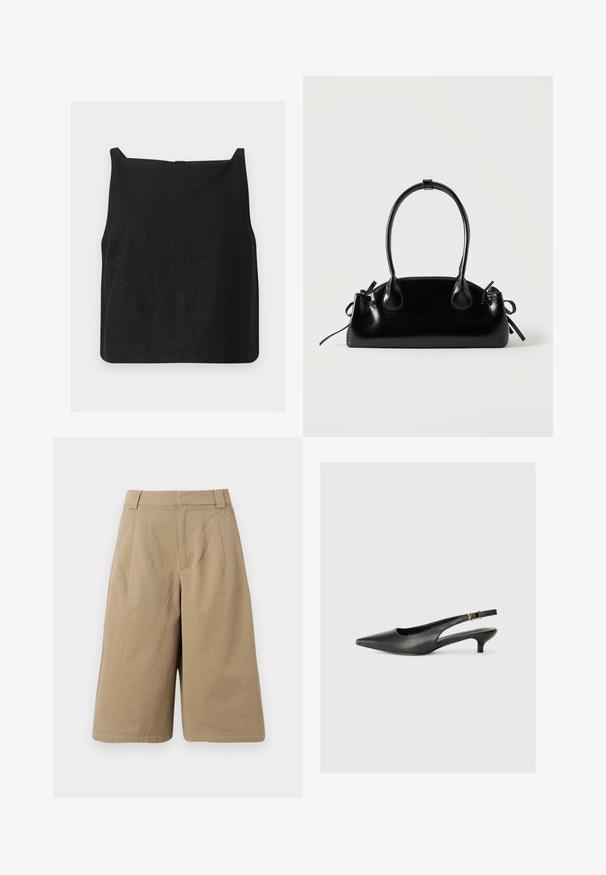 Haut court noir sans manches avec encolure carrée et ourlet droit présenté sur fond blanc.; Shorts beige à longueur genou avec passants de ceinture, plis avant et fermeture avant dissimulée, fabriqués en tissu doux.; Chaussure slingback noire à bout pointu en cuir lisse. Présente un talon fin et un détail de boucle sur la sangle réglable.; Petit sac à main noir brillant avec deux longues anses et des détails à cordon sur les côtés sur un fond clair uni.