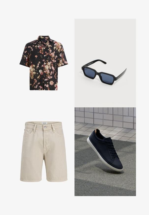 Schwarzes T-Shirt mit kurzen Ärmeln und floralem Muster in den Farbtönen Pink, Creme und Burgunder. Aus leichtem Material mit Knopfverschluss.; Beigefarbene Jeansshorts mit Gürtelschlaufen, Frontknopf, Reißverschluss, fünf Taschen und sichtbaren Nähten, vor weißem Hintergrund abgebildet.; Marineblaue Leder-Sneaker mit strukturiertem Finish, weißer Gummisohle und braunem Akzent an der Ferse. Mit flachen Schnürsenkeln und einem eleganten Design.; Schwarze rechteckige Sonnenbrille mit dunkelblauen Gläsern, dickem Rahmen und geraden Bügeln, die auf einer schlichten weißen Fläche liegen.