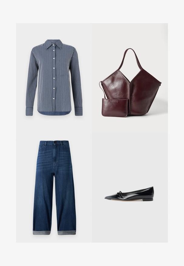 Chemise à boutons en rayures bleu marine et blanches, à manches longues, avec une poche poitrine unique et un col classique, fabriquée en tissu léger.; Jean en denim bleu foncé à jambes larges avec ourlets retroussés, bouton avant et poches sur un fond clair.; Chaussure plate en cuir verni noir avec un bout pointu, une petite lanière décorative et un petit talon carré. Texture lisse et design épuré.; Sac à main en cuir marron foncé avec une seule anse et une petite pochette zippée assortie placée devant sur un fond clair.