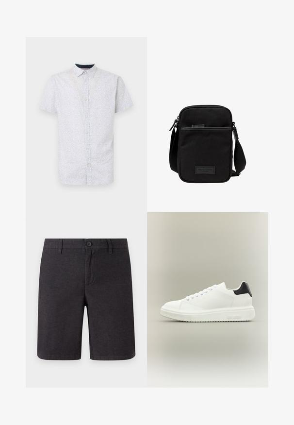 Camisa de manga corta abotonada en azul claro con un pequeño patrón de puntos negros, que presenta un cuello puntiagudo y un dobladillo recto.; Pantalones cortos gris oscuro hechos de tejido woven, con cierre de botón, trabillas para cinturón y un diseño de pierna recta, con dobladillos limpios y bolsillos laterales.; Zapatilla blanca de caña baja con suela gruesa, cierre de cordones en la parte delantera y lengüeta negra en el talón, con la marca "Steve Madden" en la suela lateral.; Bolso cruzado de tela negra con un compartimento principal con cremallera, acentos de cuero, bolsillo frontal y strap ajustable. Logo de Marc O'Polo visible.