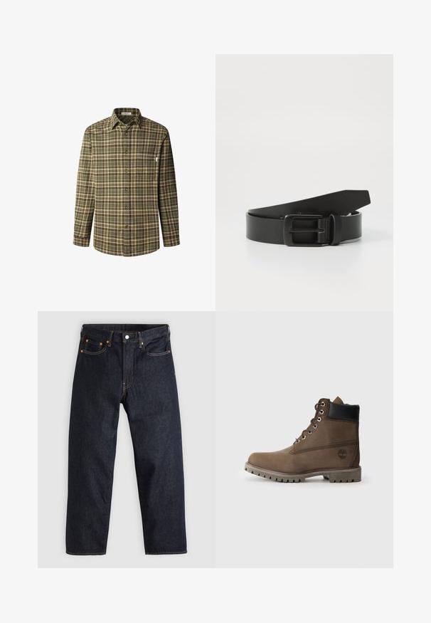 Camisa abotonada en patrón de cuadros en verde y marrón, de mangas largas, con cuello, bolsillo en el pecho, fabricada en un tejido de algodón texturizado y con botones marrones.; Jeans de denim azul oscuro con corte recto, cinco bolsillos, costuras en naranja contrastante y cierre de botón. Sin patrones ni adornos visibles.; Botín de cuero marrón hasta el tobillo con collar negro, ojales metálicos y suela gris resistente. Presenta un logo en el lateral y detalles de costura.; Cinturón de cuero negro con hebilla metálica negra mate, que presenta una textura suave y un diseño sencillo. Longitud ajustable con un extremo cónico.