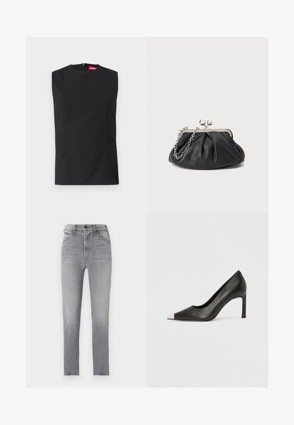 Zwart mouwloos topje met hoge hals, voorste naden en een onzichtbare rits aan de achterkant. Gemaakt van gladde stof met een gestructureerde pasvorm.; Slim-fit hoog uitgesneden grijze jeans met knoopsluiting aan de voorkant, ritssluiting en ontwerp met vijf zakken, afgebeeld tegen een effen achtergrond.; Zwarte leren hoge hak met een spits toelopende neus en een metalen zilverkleurige kap. Heeft een gladde afwerking en een slanke hak van 10 cm.; Zwarte leren clutch met geplooide textuur, zilverkleurig metalen frame, drukknopsluiting en kettingriem. Glad, zacht oppervlak.