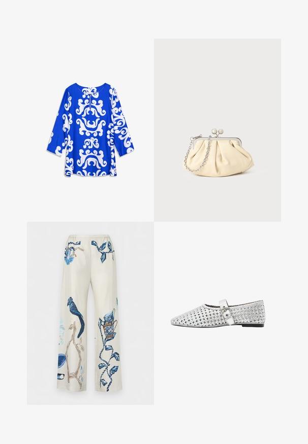 Haut bleu avec des motifs blancs tourbillonnants, doté d'un col rond et de manches trois-quarts. Confectionné en tissu lisse et léger.; Pantalon beige à jambes larges avec des imprimés botaniques et d’oiseaux bleus, avec des feuilles et des branches détaillées et un oiseau perché sur une branche.; Chaussure plate en cuir tissé argenté avec bout pointu et bride réglable avec boucle sur le côté, semelle noire basse.; Pochette en cuir beige plissé avec un cadre en métal argenté, dotée de deux fermoirs ronds décoratifs et d'une chaîne en argent.