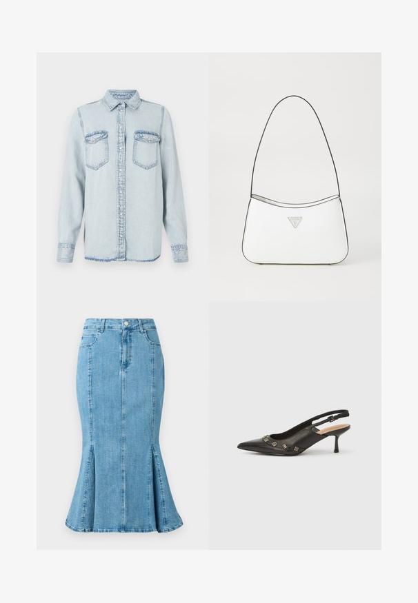 Lysblå denimskjorte med spids krave, knaplukning og to brystlommer. Har en syet detalje og en let frynset kant.; Lyseblå denim blyantskirt med flared nederdel og slidser i siden, med en frontknaplukning og lommer. Enkel, ren design.; Sort slingback-pumpe i læder med spids tå, lille hæl og dekorative metalakcenter langs frontåbningen. Glat tekstur.; Hvid håndtaske med et slankt, buet design, der har en tynd sort rem og sølvfarvet trekantet logoaccent. Glat tekstur og minimal detaljering.