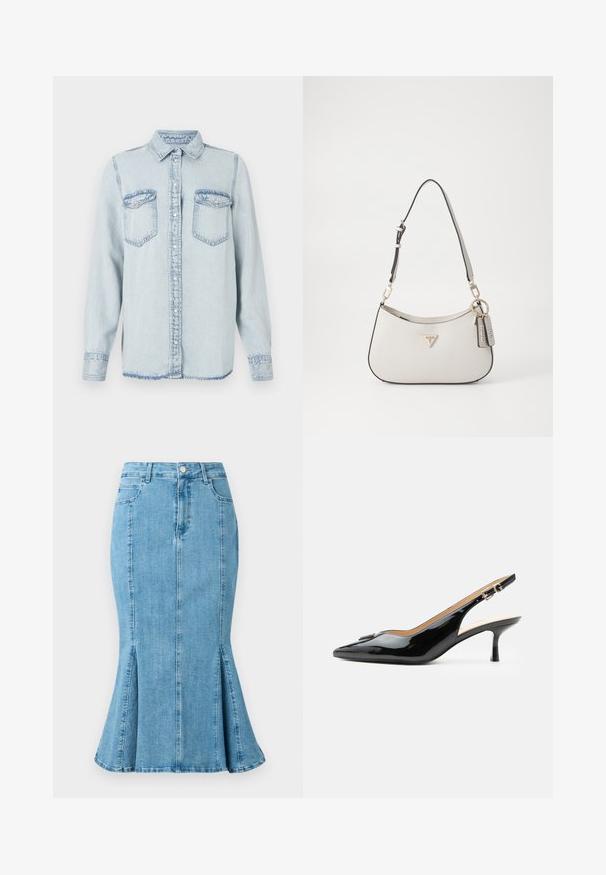 Hellblaues Denimhemd mit spitzem Kragen, Knopfleiste und zwei Brusttaschen. Mit gestickten Details und leicht fransigen Säumen.; Helles, blaues Denim-Bleistiftrock mit ausgestellt Saum und Seitenschlitzen, ausgestattet mit einem vorderen Knopfverschluss und Taschen. Schlichtes, sauberes Design.; Schwarzer Pumps mit Riemchen aus Lackleder, spitz zulaufender Zehenpartie, kleinem Kitten-Heel und silberner Schnalle auf weißem Hintergrund.; Weiße strukturierte Handtasche mit einer geschwungenen Form, goldenen Beschlägen, einem abnehmbaren Riemen und einem Logo-Detail. Enthält einen Schlüsselanhänger mit Branding.
