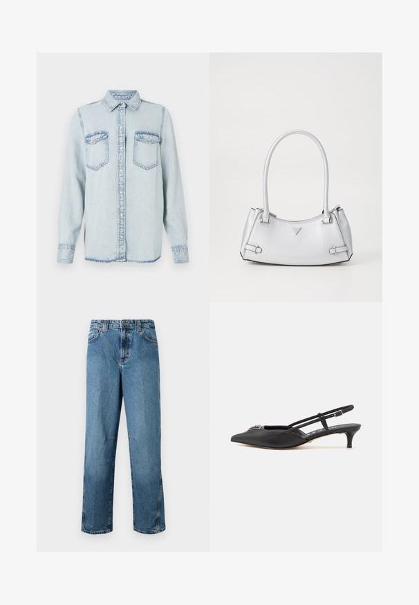 Hellblaues Denimhemd mit spitzem Kragen, Knopfleiste und zwei Brusttaschen. Mit gestickten Details und leicht fransigen Säumen.; Hellblaue Jeans aus Denim mit geradem Schnitt, ausgestattet mit gestickten Taschen, einem Knopfverschluss vorne und minimaler Ausbleichung des Materials.; Schwarze Slingback-Schuhe mit einer spitzen Zehe, aus glattem Material gefertigt, mit einem kleinen Absatz und einem dekorativen silbernen Akzent auf dem Blatt.; Silberne Handtasche mit einem strukturierten Design, ausgestattet mit zwei Griffen, glänzender Oberfläche, Akzentbeschlägen und einem dreieckigen Logo auf der Vorderseite.