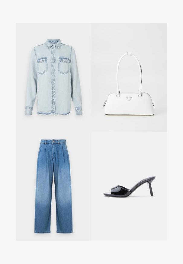 Lysblå denimskjorte med spids krave, knaplukning og to brystlommer. Har en syet detalje og en let frynset kant.; Lyseblå denimbukser med høj talje, afslappet vid pasform og frontfolder. Har knap- og lynlåslukning.; Sorte laklæder sandaletter med åben tå, der har et buet overdesign og en spids stilethæl. Glat, blank finish.; Hvid lædertaske med en buet form, der har et sølvtrapezlogo og lynlåslukning. Glat tekstur og dobbelthåndtag.