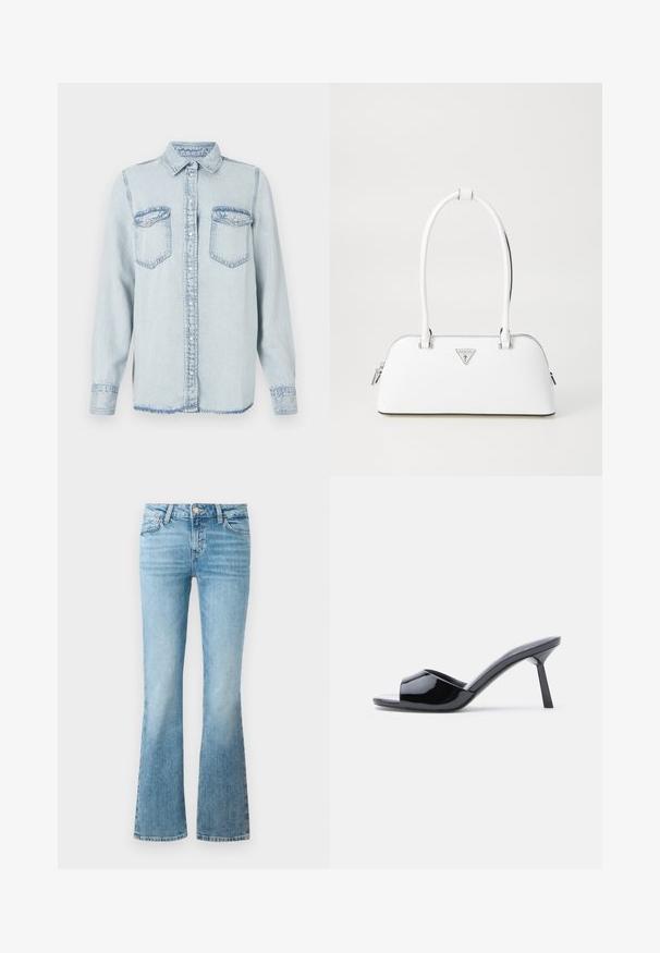 Lichtblauwe spijkerblouse met een puntige kraag, knoopsluiting aan de voorkant en twee borstzakken. Heeft gestikte details en een licht uitgerafelde zoom.; Lichtblauwe denim flare jeans met voorzakken, riemlussen en een knoopsluiting.; Zwarte lakleren open-teen sandalen met hak, met een gebogen bovenkant ontwerp en een taps toelopende naaldhak. Gladde glanzende afwerking.; Witte leren handtas met een gebogen vorm, voorzien van een zilveren driehoekig logo en ritssluiting. Gladde textuur en dubbele handvaten.