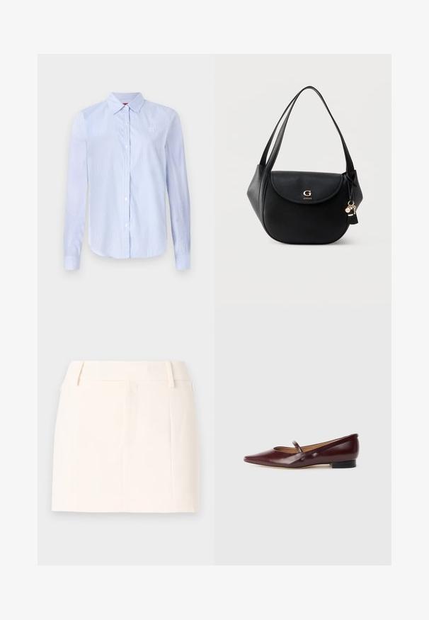 Hele sinine ja valge triibuline nööbiga särk pikkade varrukatega, kaelus ja diskreetne logo brodeering rinnal. Sile tekstuur.; Good American SUITING MINI SKIRT - Miniseelik - cloud white; Burgundi viimistletud nahast lamedad kingad terava nina ja dekoratiivse rihmaga jalanõu peal. Omab madalat musta kontsa.; Mustast nahast õlakott kõverdatud klapiga, kuldse "G GUESS" logoga, topeltrihmadega ja rippuvate võtmehoidjate kaunistustega ühevärvilisel taustal.