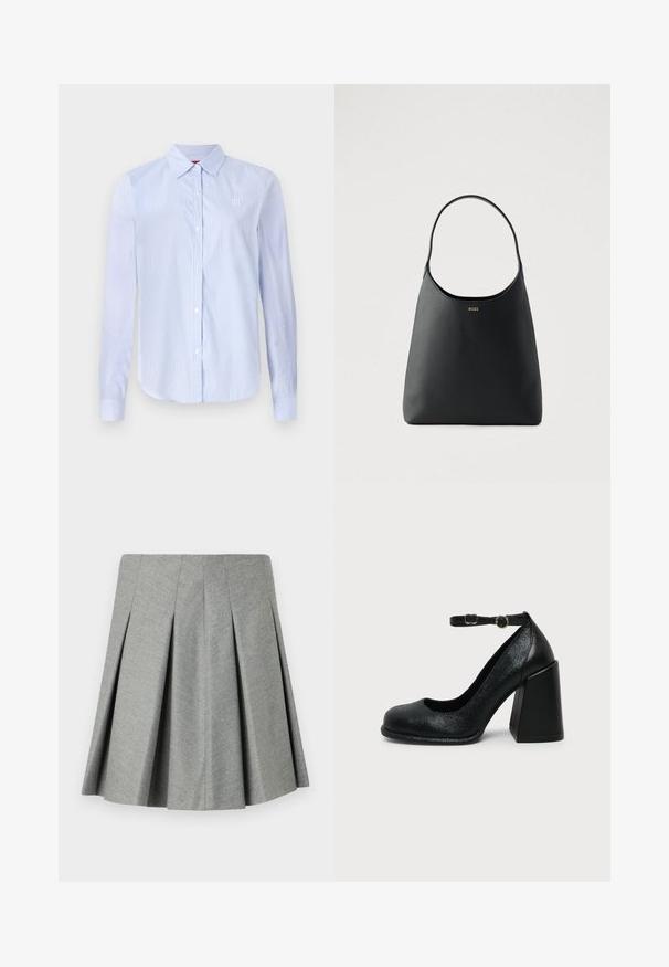 Camisa de botón de rayas azul claro y blanca con mangas largas, un cuello y bordado sutil del logo en el pecho. Textura suave.; Falda gris con pliegues hecha de tejido texturizado, que presenta una cinturilla ajustada y un diseño acampanado. Sin hardware ni acentos visibles.; Zapato negro de cuero con tacón alto, punta redondeada y correa ajustable en el tobillo con hebilla dorada sobre fondo liso claro.; Bolso de mano de cuero negro con un asa curva única, textura suave y un logo sutil en la parte frontal. Diseño minimalista e interior espacioso.