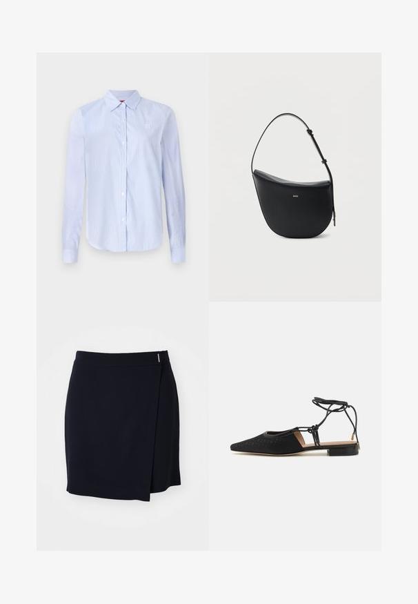 Camisa de botón de rayas azul claro y blanca con mangas largas, un cuello y bordado sutil del logo en el pecho. Textura suave.; Mini falda envolvente azul marino en una tela suave con una abertura lateral y un pequeño acento metálico en la cintura. Diseño limpio y minimalista.; Zapato plano negro con punta afilada, parte superior texturizada, lazos en los tobillos y un tacón bajo cuadrado. Presenta un patrón sutil en el material.; Bolso de hombro de cuero negro en forma de media luna, con correa ajustable y logo dorado "BOSS" centrado en el frente.