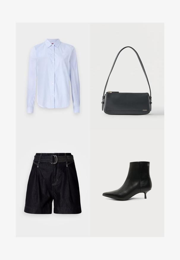 Lichtblauw en wit gestreept overhemd met lange mouwen, een kraag en subtiele logo borduursels op de borst. Glad textuur.; Zwarte denim shorts met een brede tailleband en een zilveren gesp. Voorzien van plooien aan de voorkant, contrasterend stiksel en een casual pasvorm.; Zwart leren enkellaars met puntige neus en lage kittenhak op lichte achtergrond, zijaanzicht buitenkant.; Zwarte rechthoekige lederen schoudertas met gouden ritssluiting en klein goudkleurig "HUGO"-logo aan de voorkant, voorzien van een verstelbare riem met gesp.