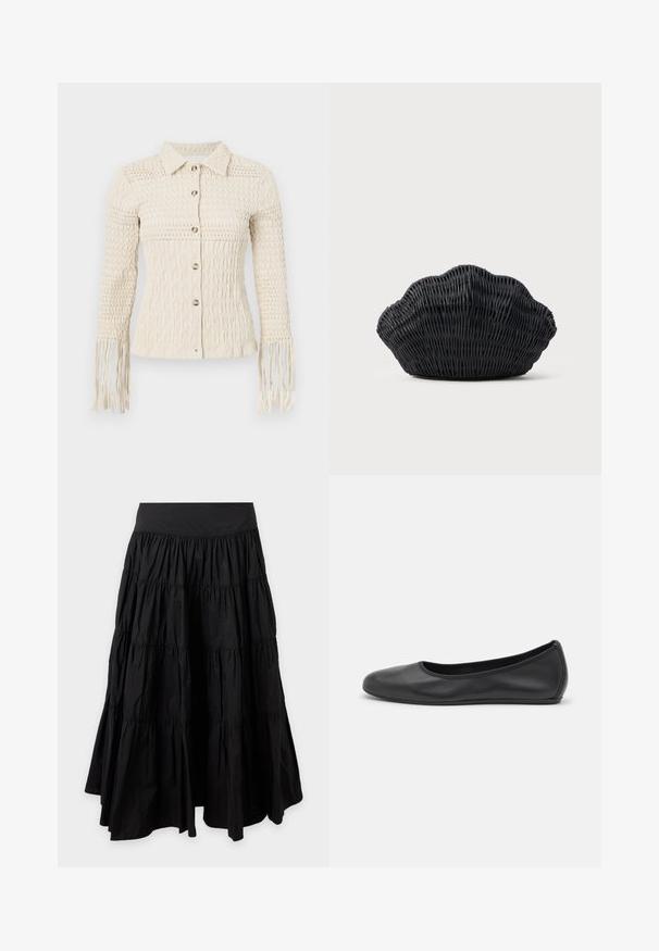 Chemise tricotée crème à boutons, avec un motif texturé, un col et des manches à franges. Comprend des boutons métalliques et une coupe ajustée.; Jupe midi noire à volants avec une large ceinture et un tissu froncé créant des plis verticaux et du volume.; Ballerines en cuir noir avec un bout rond, texture lisse, détails de couture minimalistes et design de semelle flexible.; Sac à main en osier noir en forme de coquille Saint-Jacques avec un dessus courbé et une texture tressée sur un fond uni.