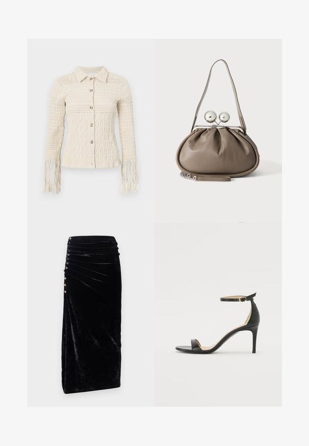 Chemise tricotée crème à boutons, avec un motif texturé, un col et des manches à franges. Comprend des boutons métalliques et une coupe ajustée.; Rabanne Jupe crayon - black; Sandale à talons hauts en cuir noir avec une lanière de cheville. Présente une texture lisse, un bout ouvert et un talon fin. Détail de boucle en ton doré.; Sac à main en cuir gris de forme arrondie, fermeture supérieure avec deux grandes sphères argentées, et une seule anse.