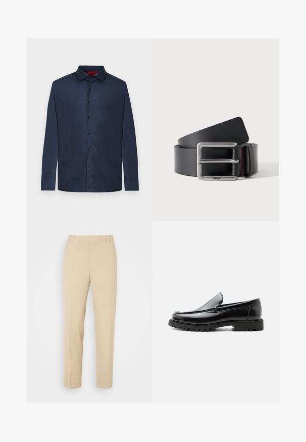 Chemise habillée bleu marine à manches longues avec col, six boutons noirs et coupe ajustée.; Pantalons beige ajustés avec une coupe droite, fabriqués en tissu léger, dotés de deux poches avant et de plis bien repassés.; Mocassin en cuir noir avec semelle en caoutchouc épaisse, dessus cousu et nom de marque embossé sur le talon, présenté de profil sur fond blanc.; Ceinture en cuir noire roulée avec une boucle rectangulaire en argent gravée "HUGO" et une boucle en cuir avec une couture rouge.
