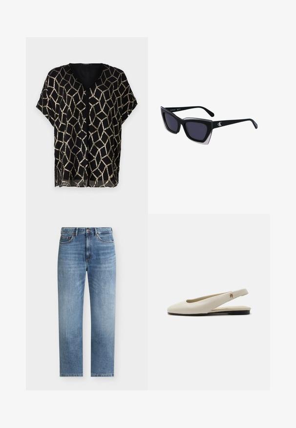 Blouse noire à manches courtes avec un col en V, présentant un motif géométrique doré métallique sur un tissu transparent. Design léger et ample.; Jean denim bleu clair coupe droite, cinq poches, fermeture par bouton et détails subtilement délavés sur l’avant des cuisses.; Chaussure plate slingback en cuir couleur crème avec un bout arrondi et un petit emblème doré sur la bride.; Lunettes de soleil noires surdimensionnées avec une forme géométrique, dotées de verres foncés et d'un détail gris contrastant sur la monture. Logo sur la branche.