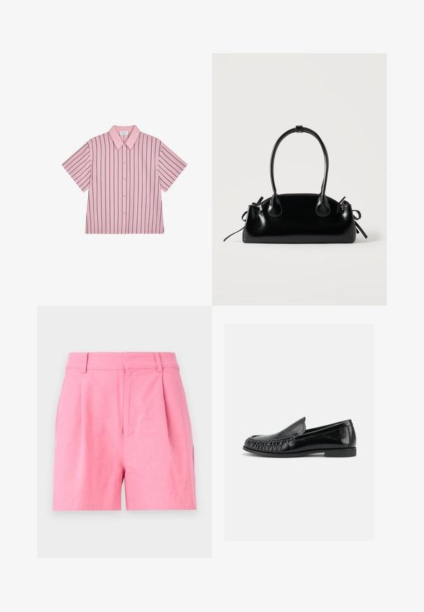 Camisa de manga corta con cuello, rosa con rayas verticales azul marino, cierre frontal de botones, tejido suave, corte relajado y una sutil etiqueta de marca en la parte posterior.; Pantalones cortos rosas de algodón con una textura suave, que cuentan con pliegues, una cinturilla y bolsillos laterales para mayor funcionalidad.; Mocasín de cuero negro sin cordones, con puntera redondeada, detalles cosidos en la parte delantera y tacón bajo y plano, mostrado de perfil.; Pequeño bolso negro brillante con dos asas largas y detalles de cordón lateral sobre un fondo claro liso.