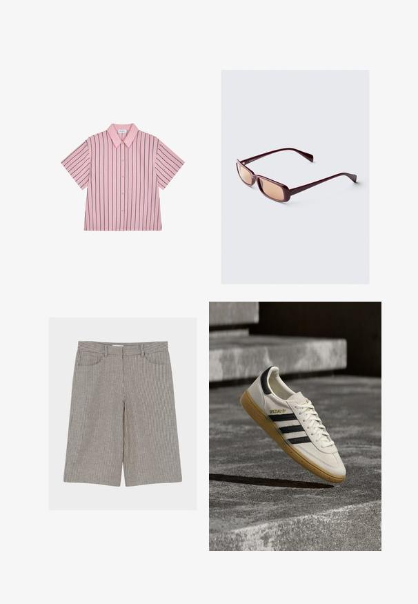 Kortermet rosa skjorte med knapper, svarte vertikale striper og spiss krage, lagt flatt på hvit bakgrunn.; Knelange, beige og svarte shorts med vertikale striper, beltehemper og frontlommer, lagt flatt på hvit bakgrunn.; Hvit Adidas Spezial-sneaker med svarte striper og gummisåle som svever over grå steintrapper utendørs.; Burgunderfargede solbriller med rektangulære rammer, gradientlinser og slanke stenger. Materialet har en glatt, blank overflate.
