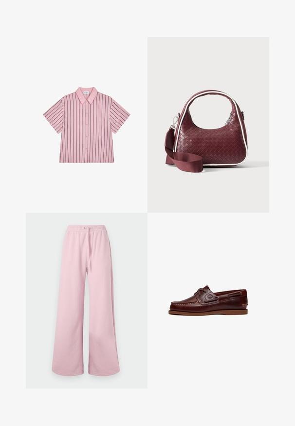 Camisa de manga corta con cuello, rosa con rayas verticales azul marino, cierre frontal de botones, tejido suave, corte relajado y una sutil etiqueta de marca en la parte posterior.; Pantalones de pierna ancha rosa claro con cintura elástica y detalles de cordón, exhibidos sobre un fondo neutral.; Zapato náutico de cuero marrón con cordones, detalles de costura y logo de Timberland en el lateral, mostrado sobre un fondo blanco.; Bolso de mano de cuero tejido color granate con asa curva, ribete blanco, cremallera plateada y correa desmontable de tela ancha para el hombro sobre fondo liso.
