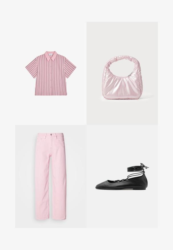 Korte mouw met kraag, roze met marineblauwe verticale strepen, knoopsluiting aan de voorkant, gladde stof, comfortabele pasvorm en subtiele merkaffichage op de achterkant.; Lichtroze denim jeans met een rechte pijp, voorzien van een voorrits en knoop, en een ontwerp met vijf zakken. Zachte textuur en stevige naden.; Zwarte leren platte ballerinaschoen met een puntige neus, meerdere dunne bandjes over de bovenkant en veterstrikjes die rond de enkel zijn gewikkeld.; Roze, gevoerde handtas met een afgeronde vorm, gemaakt van glanzend materiaal. Beschikt over een geplooide handgreep en een ritssluiting voor veilige toegang.