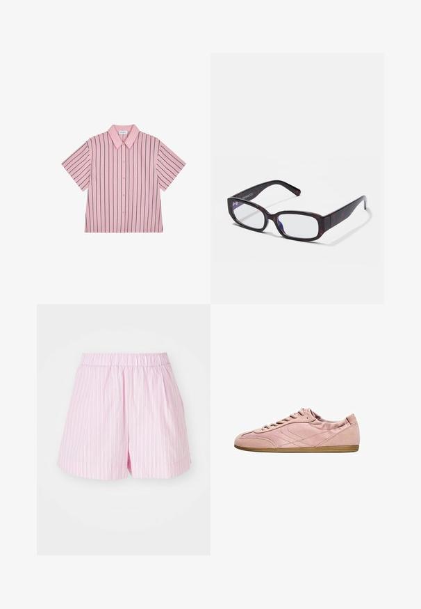 Korte mouw met kraag, roze met marineblauwe verticale strepen, knoopsluiting aan de voorkant, gladde stof, comfortabele pasvorm en subtiele merkaffichage op de achterkant.; Lichtroze shorts met witte verticale strepen, met een elastische tailleband en een losse pasvorm, gemaakt van zachte, lichte stof.; Lage profiel roze suède sneaker met veters aan de voorkant, gestikte zijdetails en een lichtbruine rubberen zool.; Bruine schildpadvormige rechthoekige bril met heldere glazen en slanke poten, met een gladde textuur en een minimalistisch ontwerp.