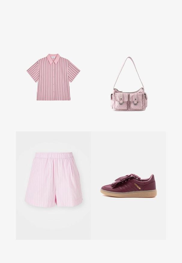 Korte mouw met kraag, roze met marineblauwe verticale strepen, knoopsluiting aan de voorkant, gladde stof, comfortabele pasvorm en subtiele merkaffichage op de achterkant.; Lichtroze shorts met witte verticale strepen, met een elastische tailleband en een losse pasvorm, gemaakt van zachte, lichte stof.; Maroon Adidas Spezial sneaker met gumzool, gouden logo aan de zijkant en een franjesveterkap op een effen witte achtergrond.; Kleine roze stoffen schoudertas met twee voorvakken, elk bevestigd met een klep en metalen ring, en een bovenste ritssluiting.