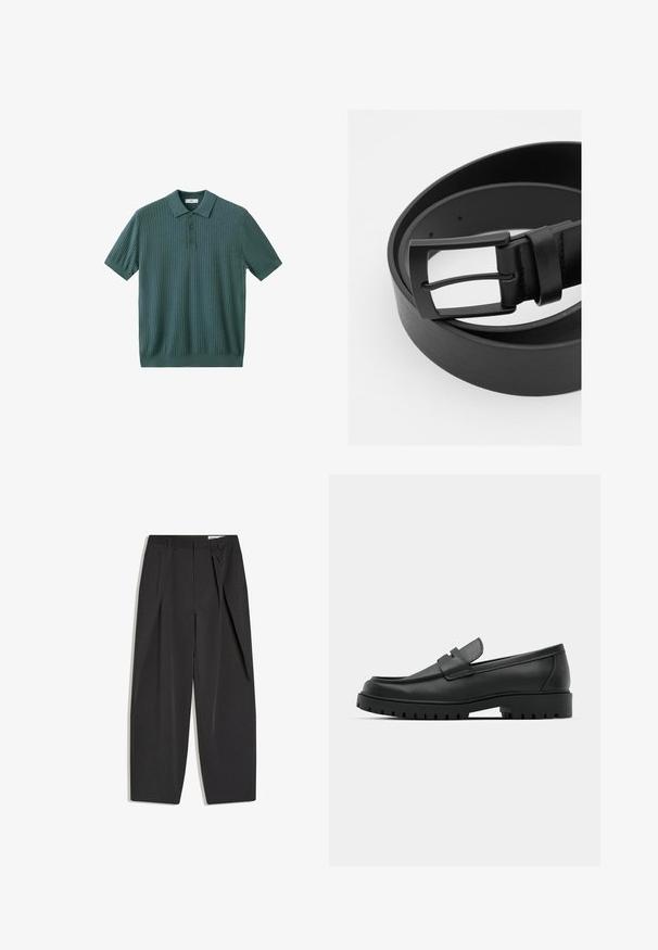 Polo en maille côtelée vert forêt à manches courtes avec trois boutons et un col, posé à plat sur un fond blanc.; Pantalon noir taille haute, coupé droit, avec pinces et passants de ceinture, présenté à plat sur un fond blanc.; Mocassins en cuir noir à bout arrondi, avec un design cousu, une semelle plateforme basse et une semelle en caoutchouc texturée et crantée.; Ceinture en cuir noir avec une texture lisse, dotée d'une boucle rectangulaire noire mate et d'une attache pour retenir l'excédent de la sangle.