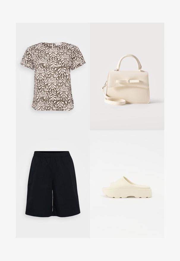Brun og hvid mønstret t-shirt med korte ærmer og rund halsudskæring, lavet af et tekstureret stof. Bemærkelsesværdigt blomstermønster.; Sort atletisk shorts med elastisk talje, en løs pasform og en glat tekstur. Designet er enkelt uden mønstre eller accenter.; Beige slip-on sandal med en glat gummi-lignende overflade, rund tå, tyk sål og struktureret bund for Greb. Minimalistisk design.; Lille beige håndtaske med top-håndtag, aftagelig rem, forreste klap og dekorativ vandret sløjfe på en ensfarvet baggrund.