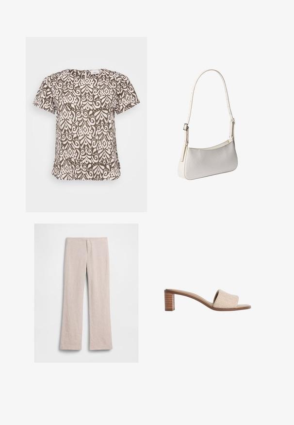 Brun og hvid mønstret t-shirt med korte ærmer og rund halsudskæring, lavet af et tekstureret stof. Bemærkelsesværdigt blomstermønster.; Beige bukser med vide ben og høj talje, med en synlig syning foran, uden synlige knapper eller lommer, lagt fladt på en hvid baggrund.; Beige mule-sandal med åben tå, tekstureret bredt stofrem, lav stablet blokhæl i træ og tanfarvet sål.; Hvid skuldertaske med justerbar strop og subtilt tekstureret mønster, rektangulær form med afrundede kanter, sølvspænde på stroppen.