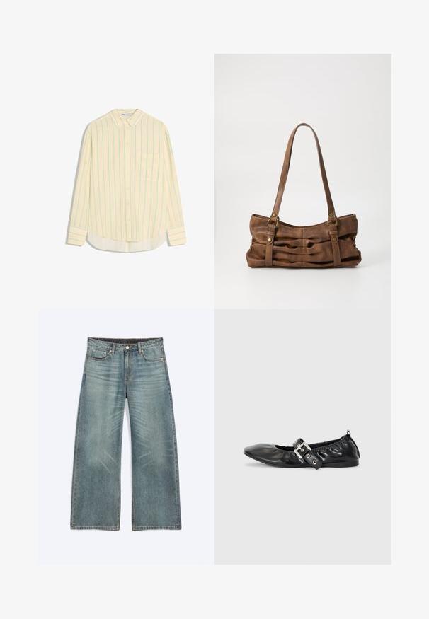 Chemise jaune à manches longues avec des rayures verticales bleu clair, boutonnage devant, poche poitrine unique et ourlet arrondi. Texture douce.; Jean bleu à jambes larges avec poches avant, passants de ceinture, fermeture par boutons et détails subtils d’usure sur les cuisses et les genoux.; Chaussure plate en cuir noir avec un nez pointu, des détails froncés autour de l'ouverture et un accent en boucle argentée sur la bride ajustable.; Even&Odd Sac à main - brown