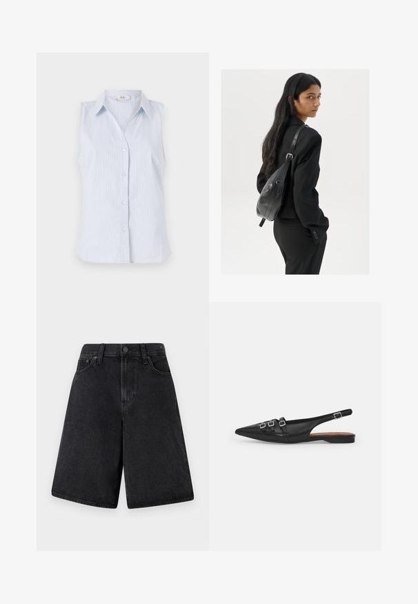Mouwloos blauw-wit gestreept shirt met een kraag, knoopsluiting en een rechte zoom. Gemaakt van lichte stof.; Zwarte denimshorts met een relaxed fit, voorzien van een hoge taille, een vijf-pocket ontwerp en een knoopsluiting aan de voorkant.; Zwarte leren slingback ballerina met spitse neus, voorzien van twee horizontale bandjes en vierkante zilveren gespen, lage hak en een gladde textuur.; Vrouw met lang donker haar in een zwart pak, met een zwart leren schoudertas, die over haar schouder kijkt tegen een witte achtergrond.