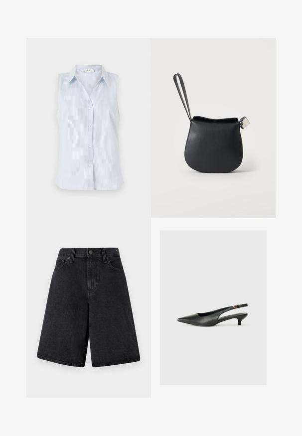 Sømløs blå og hvid stribet skjorte med krave, knaplukning og lige kant. Fremstillet af letvægtsstof.; Sorte denimshorts med en afslappet pasform, der har høj talje, fem lommer og en knaplukning foran.; Sorte spidse slingback-sko lavet af glat læder. Har en tynd hæl og en spænde detalje på den justerbare rem.; Sort læder håndledspung med rundet bund og sølvspænde på en ensfarvet hvid baggrund.