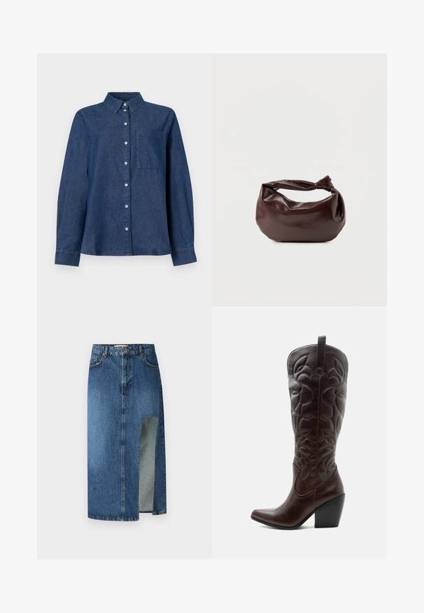 Dunkelblaue Denim-Hemd mit langen Ärmeln, Knopfverschluss vorne, spitzen Kragen, einer Brusttasche und Knopfmanschetten.; Denimrock in mittlerem Blau mit geradem Schnitt und seitlichem Schlitz. Verfügt über ein klassisches Fünf-Taschen-Design und Schlaufen für einen Gürtel, mit sichtbaren Nähten.; Hoher dunkelbrauner Leder-Cowboystiefel mit gestickten dekorativen Mustern, spitzer Spitze und gestapeltem Blockabsatz.; Dunkelbraune Lederschultertasche mit weicher, lockerer Form und einem gedrehten Knotengriff vor schlichtem weißem Hintergrund.