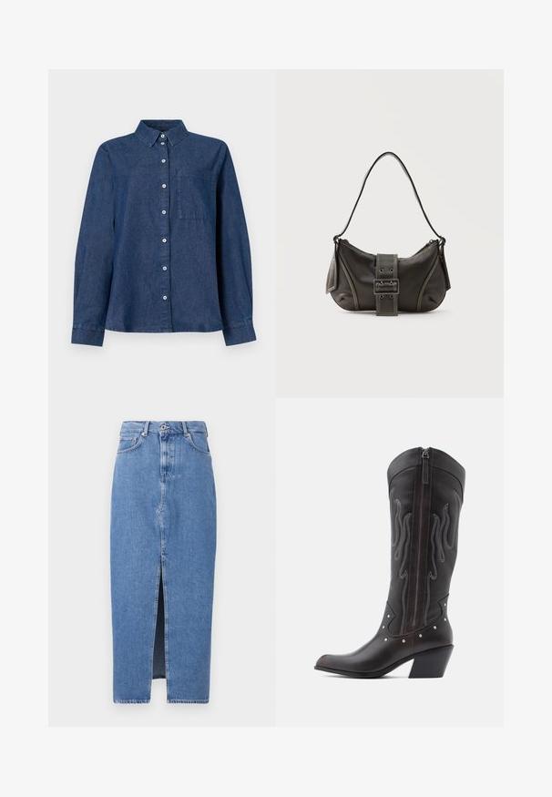 Camisa de mezclilla azul oscuro de manga larga con un cierre frontal de botones, cuello puntiagudo, un bolsillo en el pecho y puños abotonados.; Falda midi de mezclilla azul claro con una abertura frontal, diseño clásico de cinco bolsillos y cierre con botón en la parte superior. La tela tiene una ligera textura.; Botas de cowboy de cuero marrón con costuras en forma de llama, cremallera lateral, tachuelas plateadas, punta puntiaguda y tacón apilado.; Bolso de hombro de cuero negro con detalle de correa con hebilla, bordes curvos y costuras blancas en contraste sobre un fondo liso.