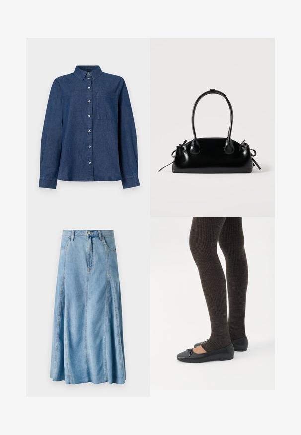 Camisa de mezclilla azul oscuro de manga larga con un cierre frontal de botones, cuello puntiagudo, un bolsillo en el pecho y puños abotonados.; Falda de mezclilla azul claro con diseño acampanado, que presenta un cierre de botón, presillas para cinturón y detalles de costura vertical. Largo hasta la mitad de la pantorrilla.; Piernas con leggings oscuros acanalados combinados con bailarinas negras que presentan pequeños detalles de lazo sobre un fondo blanco.; Pequeño bolso negro brillante con dos asas largas y detalles de cordón lateral sobre un fondo claro liso.