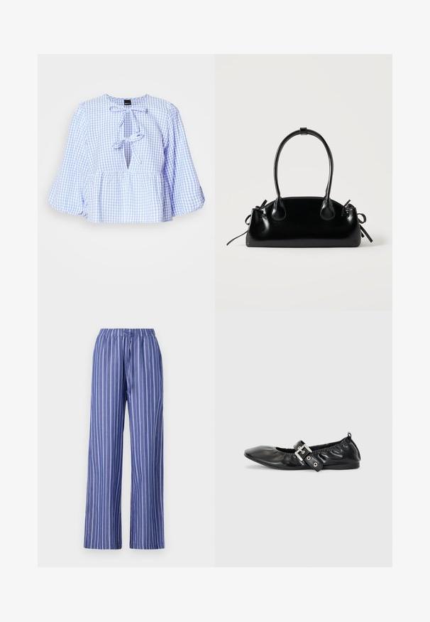 Sinine ja valge ruuduline blousee pikkade kellukesevarrukatega, lipsuga kaeluses ja volangiga peplum äärega. Kergekangas, juhuslik disain.; Sinine ja valge triibuline laiade jalgadega püksid elastse vöökohtaga, kerge kangaga, millel on mugav istuvus ja sile tekstuur.; Must musta lamega, millel on terav nina, kokkukogutud detailid avause ümber ja hõbedane pandla aktsent reguleeritaval rihmal.; Väike must läikiv käekott kahe pika sangaga ja külgedel paelakinnitustega, ühel lihtsal helel taustal.