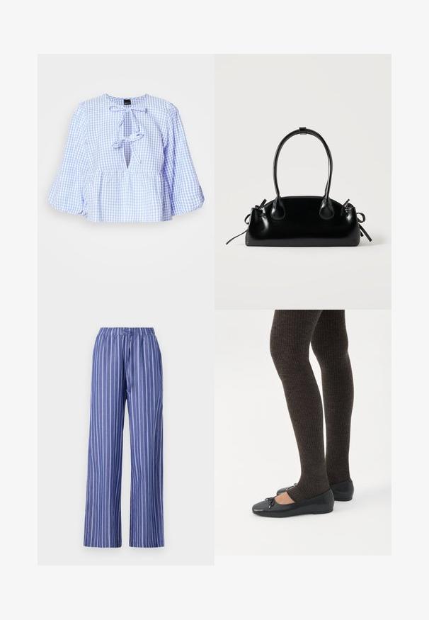 Blouse en vichy bleu et blanc avec de longues manches évasées, un lien à l'encolure et un ourlet peplum froncé. Tissu léger, design décontracté.; Pantalons larges rayés bleu et blanc avec une taille élastique, fabriqués en tissu léger, présentant une coupe décontractée et une texture lisse.; Jambes portant des leggings côtelés foncés associés à des ballerines noires avec de petits détails en nœud sur fond blanc.; Petit sac à main noir brillant avec deux longues anses et des détails à cordon sur les côtés sur un fond clair uni.
