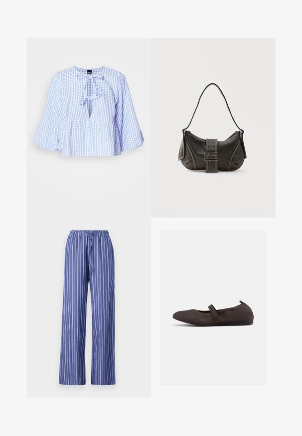 Modrá a biela blúzka s gingham vzorom, dlhými zvonovými rukávmi, viazaním pri výstrihu a nazhŕňaným peplum lemom. Ľahký materiál, neformálny dizajn.; Modré a biele pruhované široké nohavice s elastickým pásom, vyrobené z ľahkého materiálu, s voľným strihom a hladkou textúrou.; Hnedá balerína s elastickým remienkom a zaoblenou špičkou, zobrazená na bielom pozadí, bočný pohľad.; Čierna kožená kabelka cez rameno s detailom prackového popruhu, zaoblenými okrajmi a kontrastným bielym prešívaním na jednoduchom pozadí.
