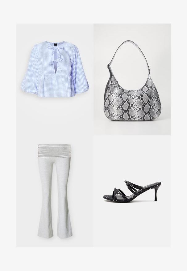Modrá a biela blúzka s gingham vzorom, dlhými zvonovými rukávmi, viazaním pri výstrihu a nazhŕňaným peplum lemom. Ľahký materiál, neformálny dizajn.; Svetlosivé vysokovýkonné jogové nohavice so širokým, záhybovým pásom a mierne rozšírenými nohavicami, zobrazené na jednoduchom pozadí.; Čierna sandála na vysokom opätku s bielymi bodkami, otvorenou špičkou a tenkými krížovými remienkami na jednoduchom svetlom pozadí.; Mäkká čierna a biela taška cez rameno s hadím vzorom zaobleného tvaru, hladkou textúrou a zakriveným popruhom. Obsahuje akcenty zo strieborného kovu.
