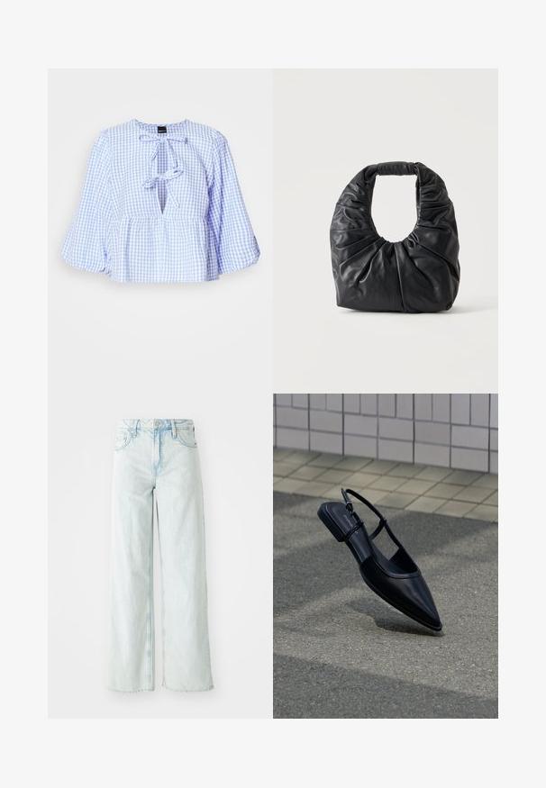 Blouse en vichy bleu et blanc avec de longues manches évasées, un lien à l'encolure et un ourlet peplum froncé. Tissu léger, design décontracté.; Jean en denim de couleur bleu clair, taille haute et jambes larges. Comprend cinq poches et une fermeture à bouton. Texture usée sur les cuisses.; Chaussure plate noire à bout pointu avec bride arrière, flottant au-dessus d'une surface en bitume à côté d'un trottoir carrelé.; Sac à épaule en cuir souple noir avec des plis froncés et une poignée arrondie, debout sur un fond clair uni.