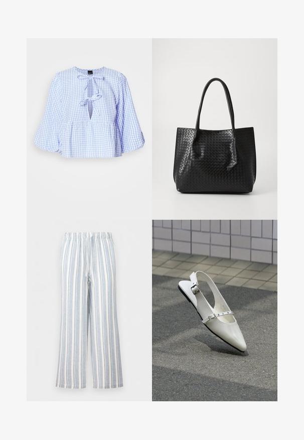 Modrá a biela blúzka s gingham vzorom, dlhými zvonovými rukávmi, viazaním pri výstrihu a nazhŕňaným peplum lemom. Ľahký materiál, neformálny dizajn.; Voľné nohavice s vertikálnymi modro-bielymi pruhmi, elastickým pásom a sťahovacou šnúrkou.; Biela špicatá slingback plochá topánka s dvoma striebornými prackami, zobrazená vonku na textúrovanej zemi a dlaždicovej stene v pozadí.; Čierna tkaná kožená taška s dvoma rúčkami, štruktúrovaný tvar a jemný lesklý povrch na jednofarebnom svetlom pozadí.