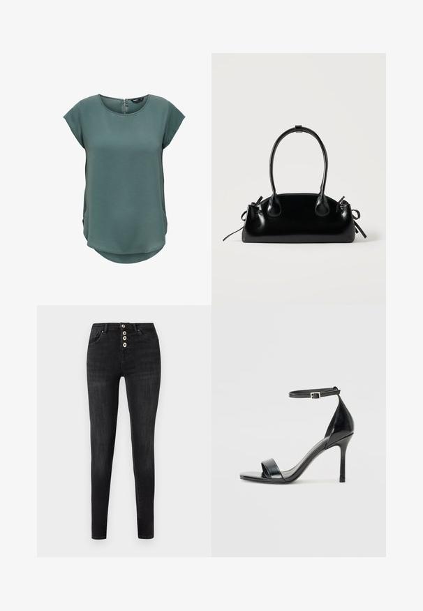 Haut vert à manches courtes en tissu texturé. Présente un col rond et une fermeture éclair discrète au dos, avec un ourlet légèrement arrondi.; Jean skinny noir taille haute avec quatre boutons blancs visibles et poches avant, présenté sur un fond gris clair uni.; Sandale à talon haut en cuir verni noir avec un bout ouvert, une seule lanière à l'avant et une lanière de cheville ajustable.; Petit sac à main noir brillant avec deux longues anses et des détails à cordon sur les côtés sur un fond clair uni.