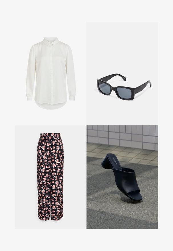Camisa blanca de manga larga con cuello clásico, que presenta una textura suave y cierre de botones. Dobladillo redondeado y mangas ligeramente abullonadas.; Anna Field Tall Pantalones - black/multi-coloured; Mule de piel negra con punta abierta y tacón ancho, posicionado sobre asfalto cerca de una superficie de baldosas.; Gafas de sol rectangulares negras con lentes oscuros, montura de plástico grueso y patillas anchas. Superficie lisa y diseño anguloso.
