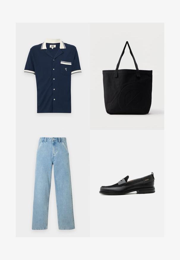 Marineblaues Kurzarmhemd mit Kragen, weißen gestreiften Akzenten am Kragen und den Ärmeln, strukturiertem Stoff und einer Brusttasche mit gesticktem Design.; Hellblaue Jeans mit geradem Bein, Fronttaschen, Gürtelschlaufen, Knopfverschluss und sichtbaren Nahtdetails vor weißem Hintergrund.; Schwarzer Lederloafer mit grauem Riemendetail, niedrigem Absatz und strukturierter Sohle, seitlich mit „HUGO“ in Gold gebrandmarkt.; Schwarze Canvas-Shopper-Tasche mit zwei Schulterriemen und einem dezenten, eingeprägten kreisförmigen Design auf der Vorderseite.