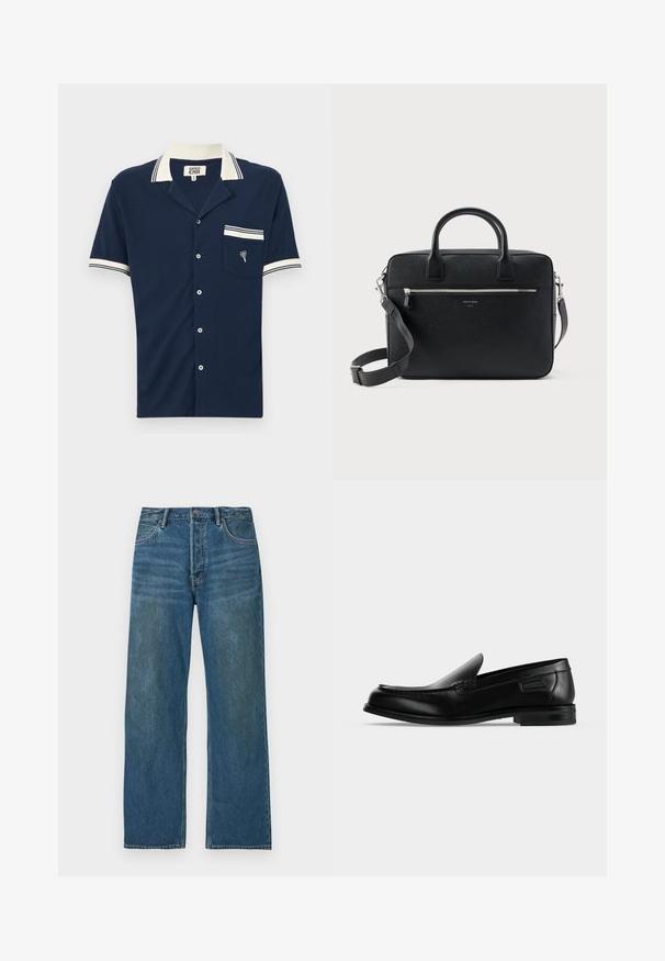 Maritim kortærmet skjorte med krave, hvide stribede detaljer på kraven og ærmerne, tekstureret stof og en brystlomme med en broderet design.; Blå høj talje lige ben denim jeans med knaplukning, forlommer og falmede detaljer på lår og knæ.; Sort læder slip-on loafer med lav hæl, rundet tå og dekorative syninger langs øverste kant.; Sort struktureret rektangulær lædermappe med dobbelthåndtag, lynlåslomme foran og justerbar skulderrem vist på hvid baggrund.
