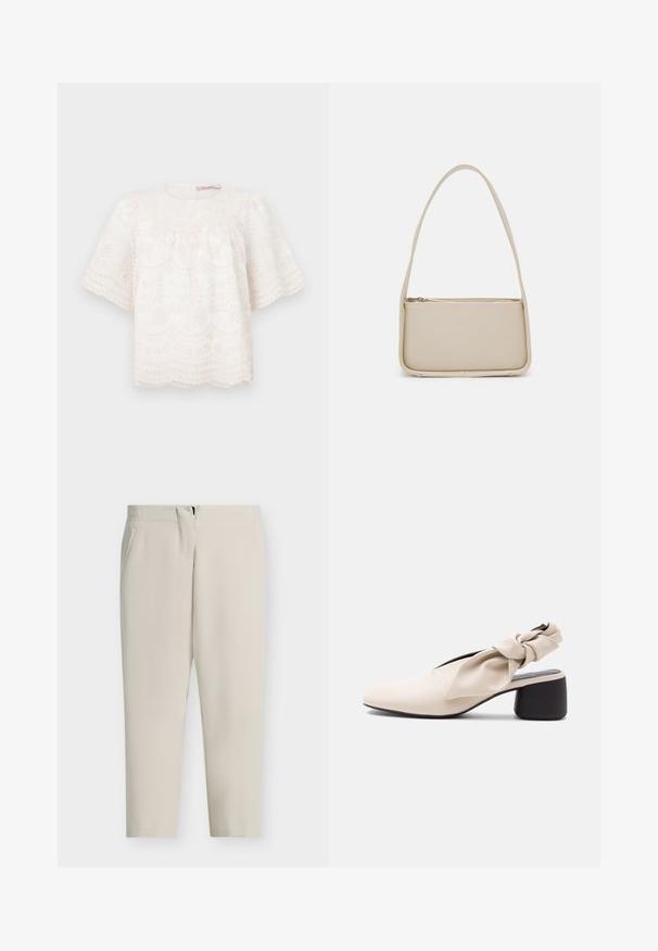 Blusa blanca bordada con mangas cortas y abullonadas, dobladillo en forma de scallop y patrones florales en toda la prenda. Tejido suave y texturizado. Cuello redondo.; Pantalones beige a medida con pierna recta, bolsillos laterales y cierre frontal con cremallera. Tejido liso con un diseño limpio y minimalista.; Zapato beige para mujer con tacón bajo, punta afilada y detalle de tira retorcida sobre el empeine y el talón.; Even&Odd by Zalando Bolso de mano - off white