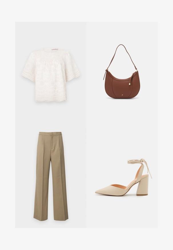Blusa blanca bordada con mangas cortas y abullonadas, dobladillo en forma de scallop y patrones florales en toda la prenda. Tejido suave y texturizado. Cuello redondo.; Pantalones de pierna ancha en color beige, confeccionados con una tela texturada. Cuentan con pliegues frontales y una cinturilla plana. Sin cierres visibles ni bolsillos.; Zapato de tacón alto beige con punta afilada, tira de tobillo y tacón ancho. Material sintético suave con un acabado mate.; Bolso de hombro de imitación cuero marrón con forma curva, costura mínima y un acento de hardware en tono dorado. Presenta un cierre de cremallera en la parte superior y una correa ajustable.