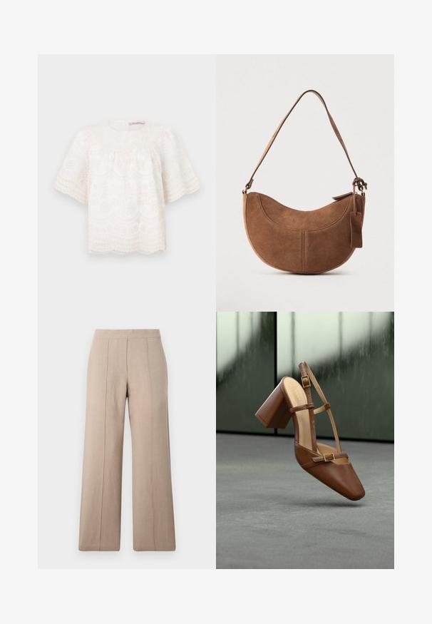 Blusa blanca bordada con mangas cortas y abullonadas, dobladillo en forma de scallop y patrones florales en toda la prenda. Tejido suave y texturizado. Cuello redondo.; Pantalones de pierna ancha en color beige, confeccionados en tejido ligero, con pliegues frontales, una cinturilla suave y un corte recto con dobladillos limpios.; Zapato de tacón de cuero marrón con punta puntiaguda, correa ajustable en el tobillo y detalle de hebilla cuadrada dorada. Textura lisa y tacón grueso.; Bolso de ante marrón con forma curva de media luna. Cuenta con una correa para el hombro, una pequeña etiqueta y costuras visibles a lo largo de los bordes.